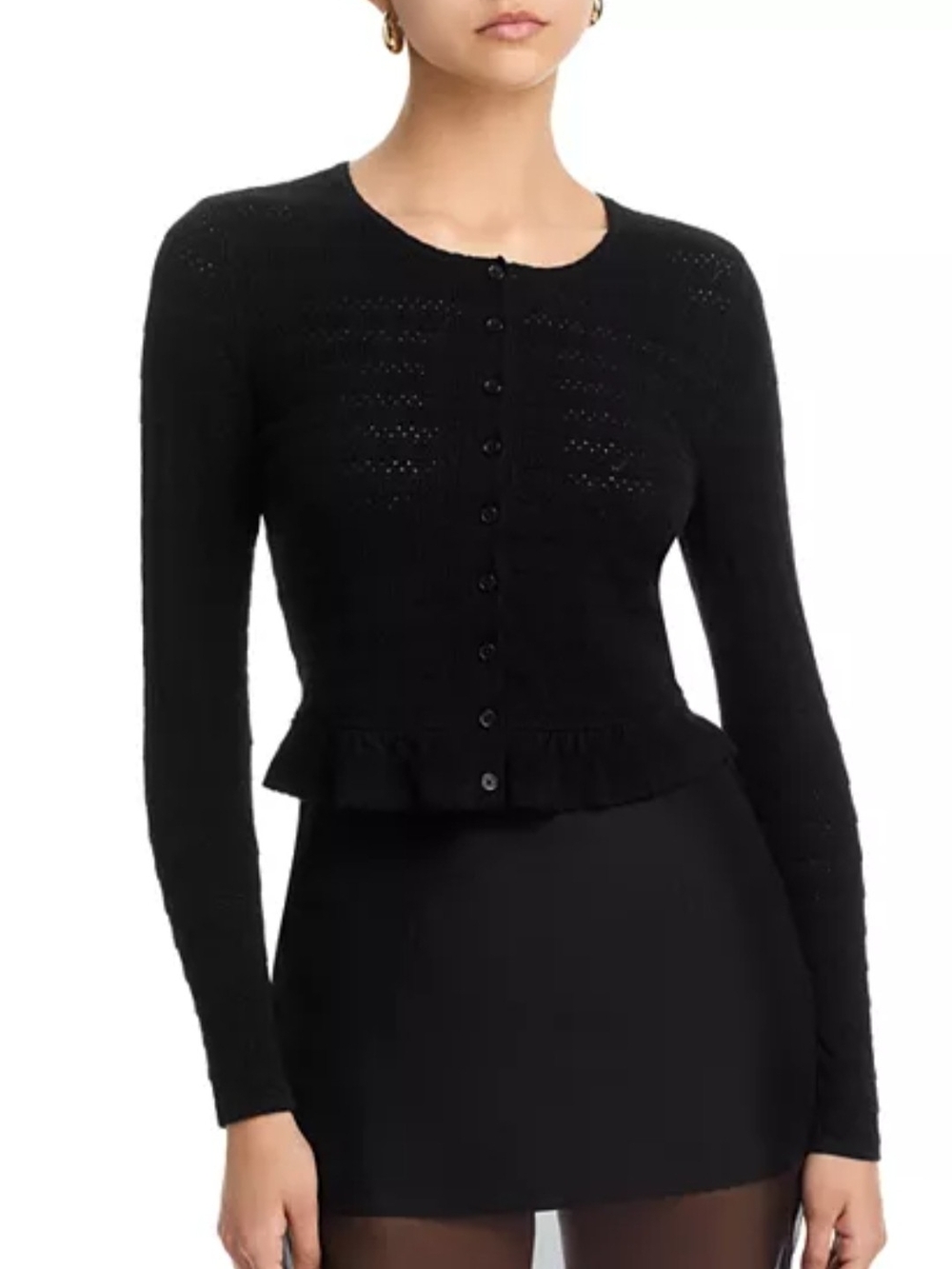 Aqua Black Pointelle Ruffle-Hem Knit Button Cardigan Sweater Top Size Large L